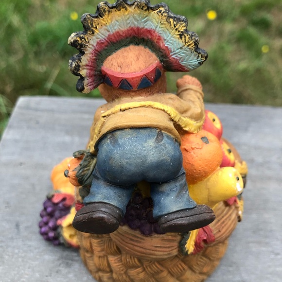 Home Interiors Vintage Thanksgiving Teddy Bear Pilgrim Resin Basket Box 4.5” Hi - Picture 7 of 15